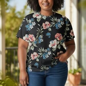 NWT Hollister California XL Floral Print Curved Hem Tee Hawaiian Tropical Beachy